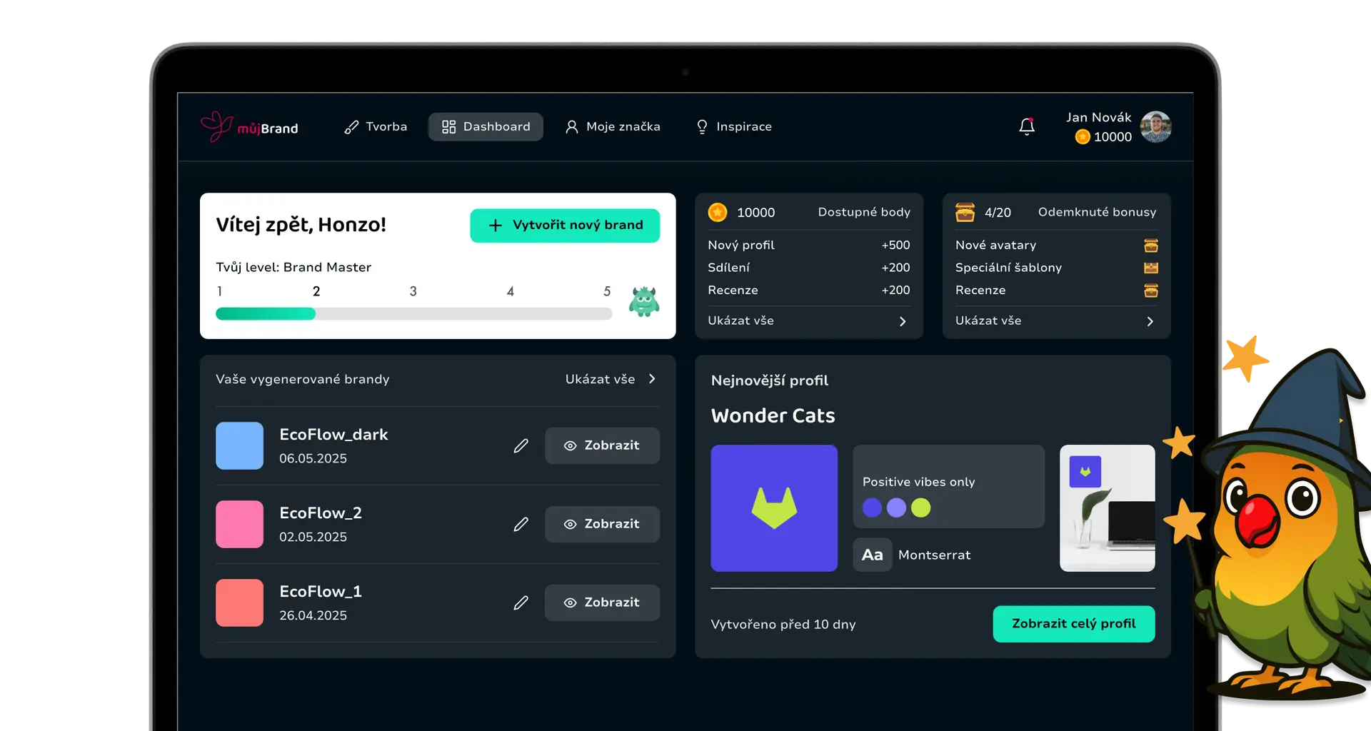 můjBrand dark mode dashboard